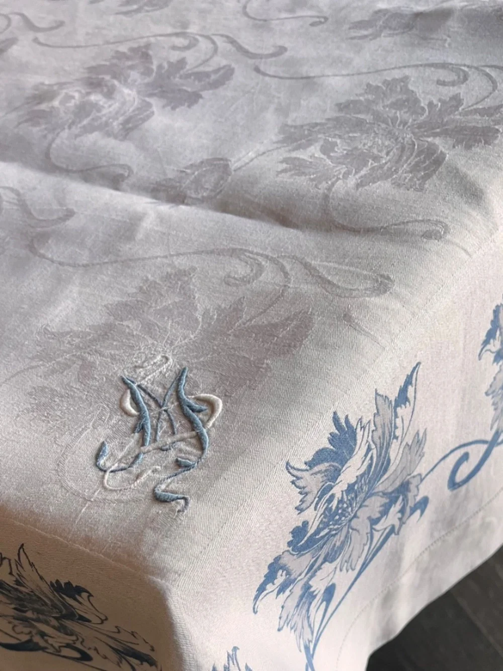 Vintage French Style Floral Damask Tablecloth with Embroidered Monogram MS